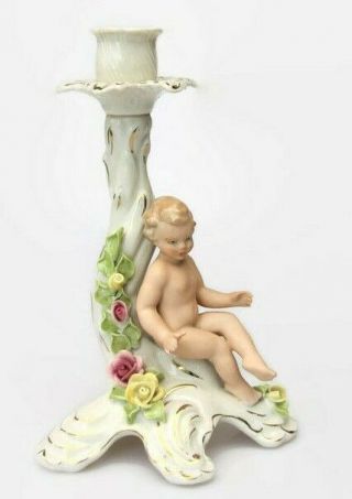 Dresden German Antique Porcelain Cherub Figurine Candle Holder Candlestick