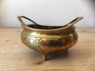 C1900 Small Antique Chinese Brass Tripod Dragon Censer Incense Burner