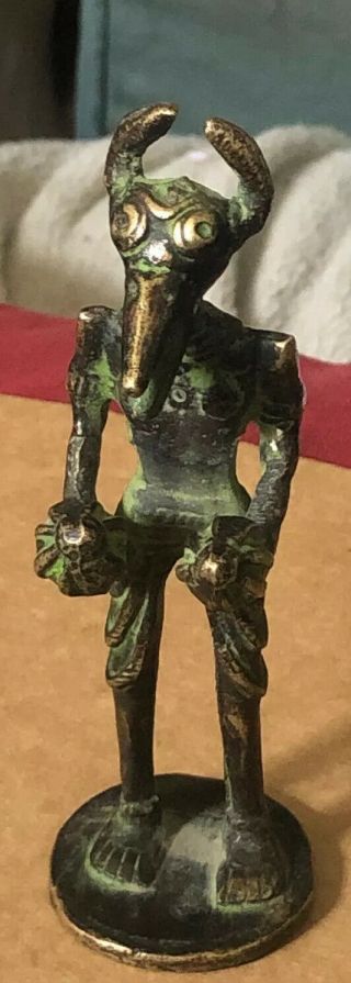 Rare And Unusual Old African Bronze Voodoo Figure Depicting Masked Bird Face Man
