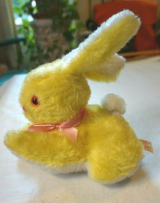 Vintage Rushton Musical Stuffed Plush Rabbit Yellow Wind Up Bunny With Bow