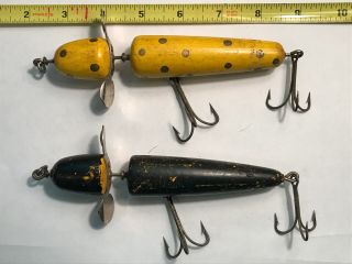 Two Vintage Musky Pflueger Globe Antique Fishing Lure Yellow Gold Spot