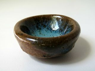 Vintage Dollhouse Miniature Ooak Artisan Art Pottery Bowl Blue Brown Stoneware