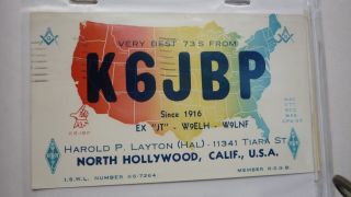Old Vintage Qsl Ham Radio Card Postcard,  North Hollywood California 1959