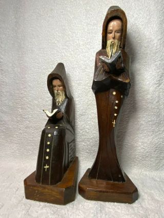 Vintage Hand Carved Wood Monk Priest Bookends Religious Spiritual