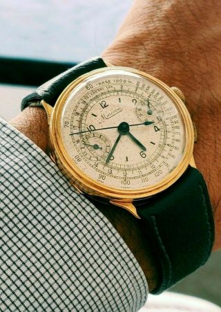 Extremely Rare 18k Gold Minerva Telemerte Chronograph Men Watch