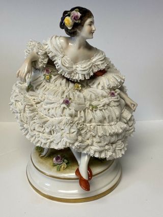 Antique German Dresden Volkstedt Lace Large Porcelain Figurine Of Ballerina Rare