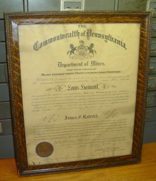 1910 Pa Mine Dep Signed Coal Miner Foreman Certificate Hainant Belgium Immigrant