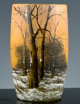 Rare C1900 Daum Nancy France Acid Etched Enamel Winter Landscape Art Glass Vase