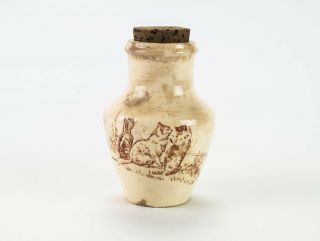 Porcelain Opaque De Gien Cats Watching Birds Bottle,  Antique Brown Transfer 4 "