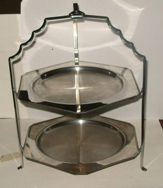 Vintage Old Olde Hall Stainless Steel 2 Tier Folding Cake Stand Hexagonal Plates