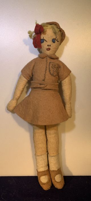 Vintage Rag Felt Brownie Doll Stiched Face Handmade Clothes Girl Scout W/ Beret