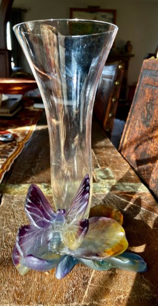9” Nouveau Art Glass Vase From Daum,  France.  Iris/butterfly In " Pâte De Verre "