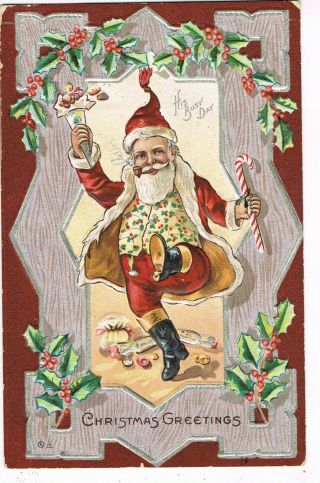 Antique Embossed Christmas Postcard Santa Claus,  Dancing,  " His Busy Day "