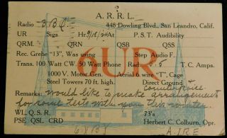 1926 Radio Qsl Card - 6ur - San Leandro,  California,  U.  S.  A.  - Ham Radio