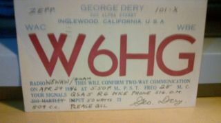 Amateur Ham Radio Qsl Postcard W6hg George Dery 1946 Inglewood California