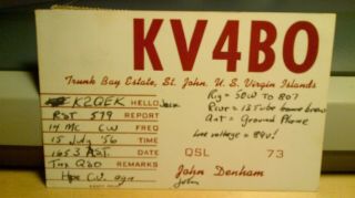 Amateur Ham Radio Qsl Postcard Kv4bo Denham Family 1956 St.  John Virgin Islands