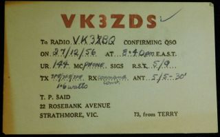 1956 Radio Qsl Card - Vk3 Zds - Strathmore,  Victoria,  Australia - Ham Radio