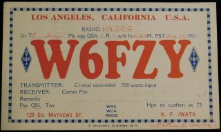 1933 Radio Qsl Card - W6fzy - Los Angeles,  California,  U.  S.  A.  - Ham Radio
