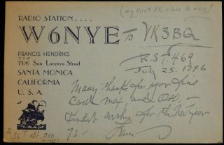 1946 Radio Qsl Card - W6nye - Santa Monica,  California,  U.  S.  A.  - Ham Radio