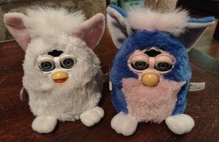 2 X 1999 Furby Babies: Snowy  & Little Baby Blue (stripped Screw) 70 - 940